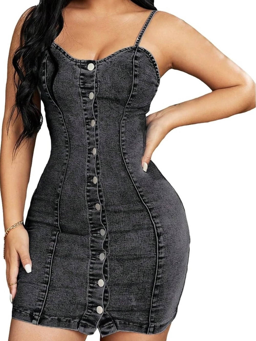 Washed Black Denim Button-Front Bodycon Dress - Women